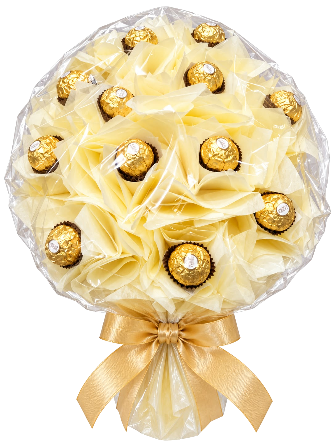 Cream Ferrero Rocher chocolate bouquet with a gold ribbon