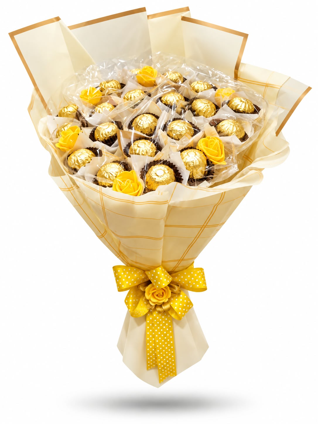 Yellow Ferrero Rocher bouquet with roses and a polka ribbon