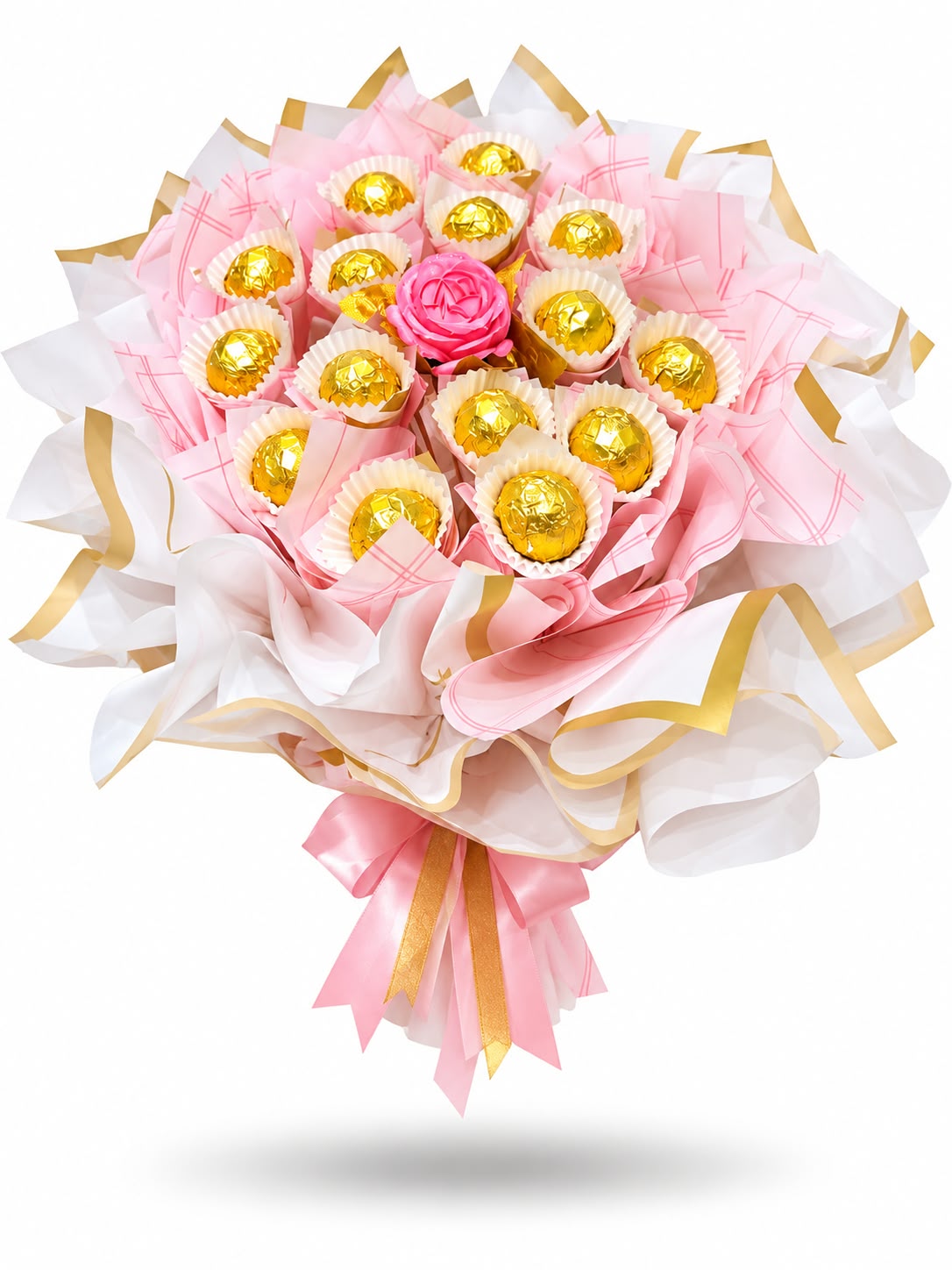 Pink Ferrero bouquet with a rose centre