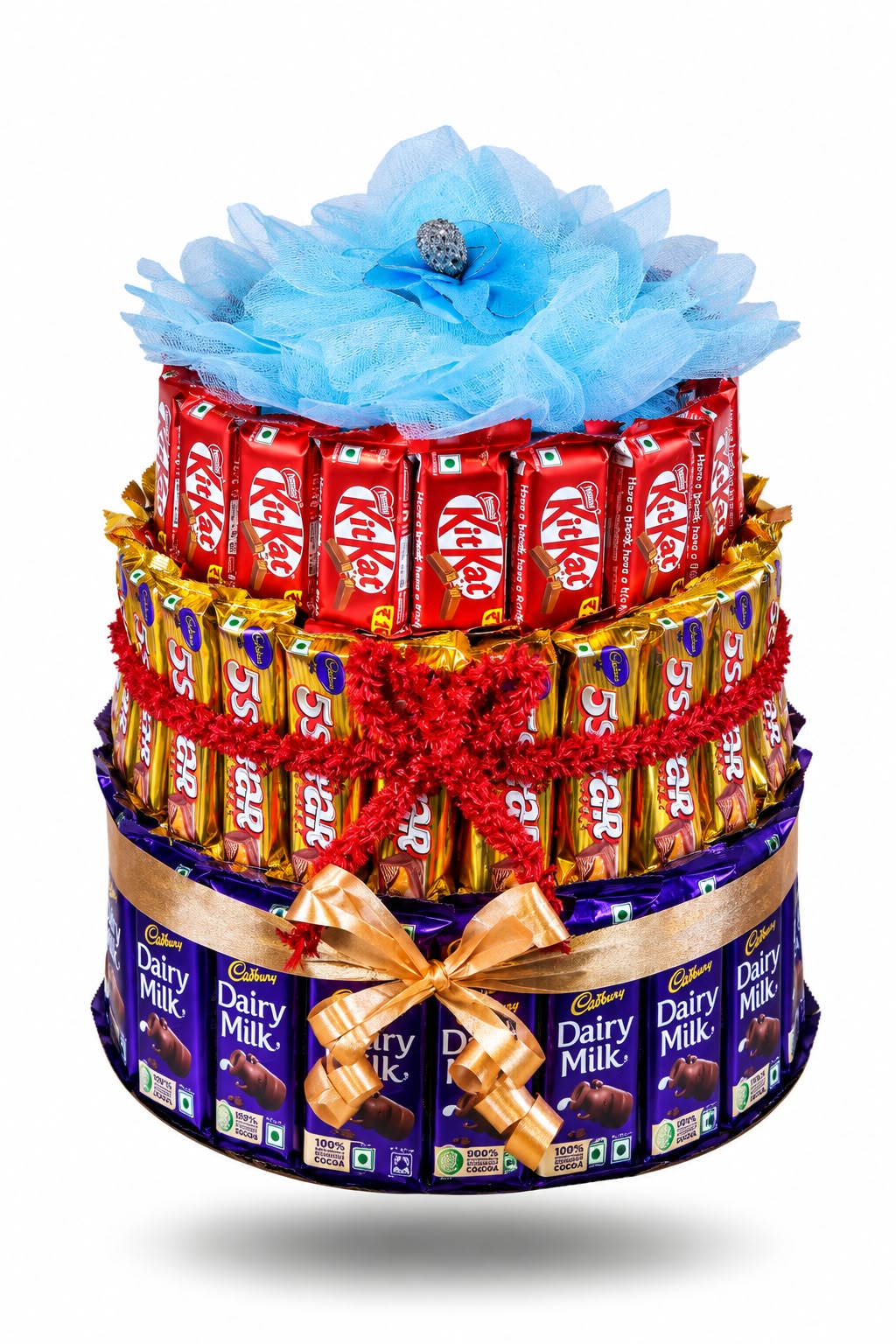 Three-tier KitKat, 5 Star and Dairy Milk chocolate tower