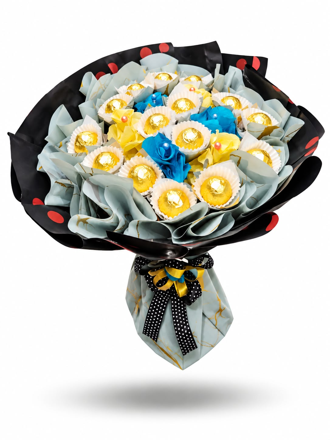 Blue, yellow and black Ferrero bouquet
